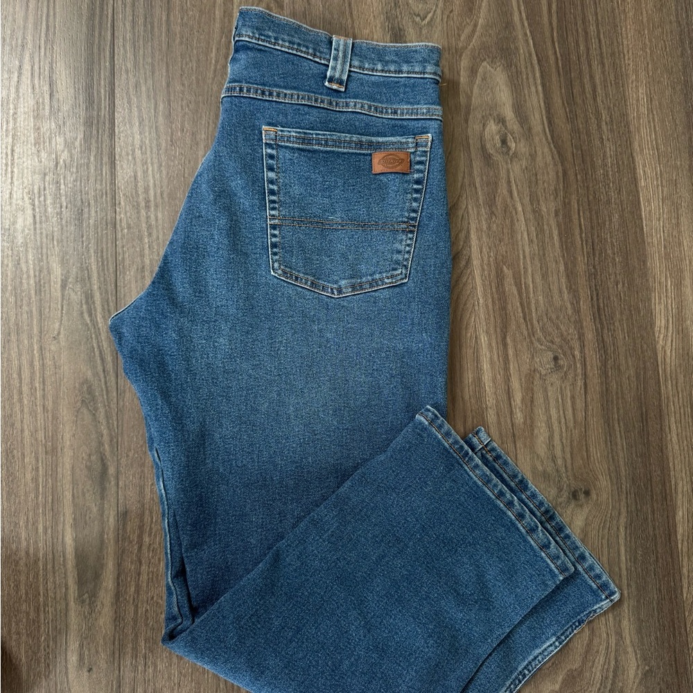 Dickies Men's Straight Blue Denim Jeans with Leather Patch
